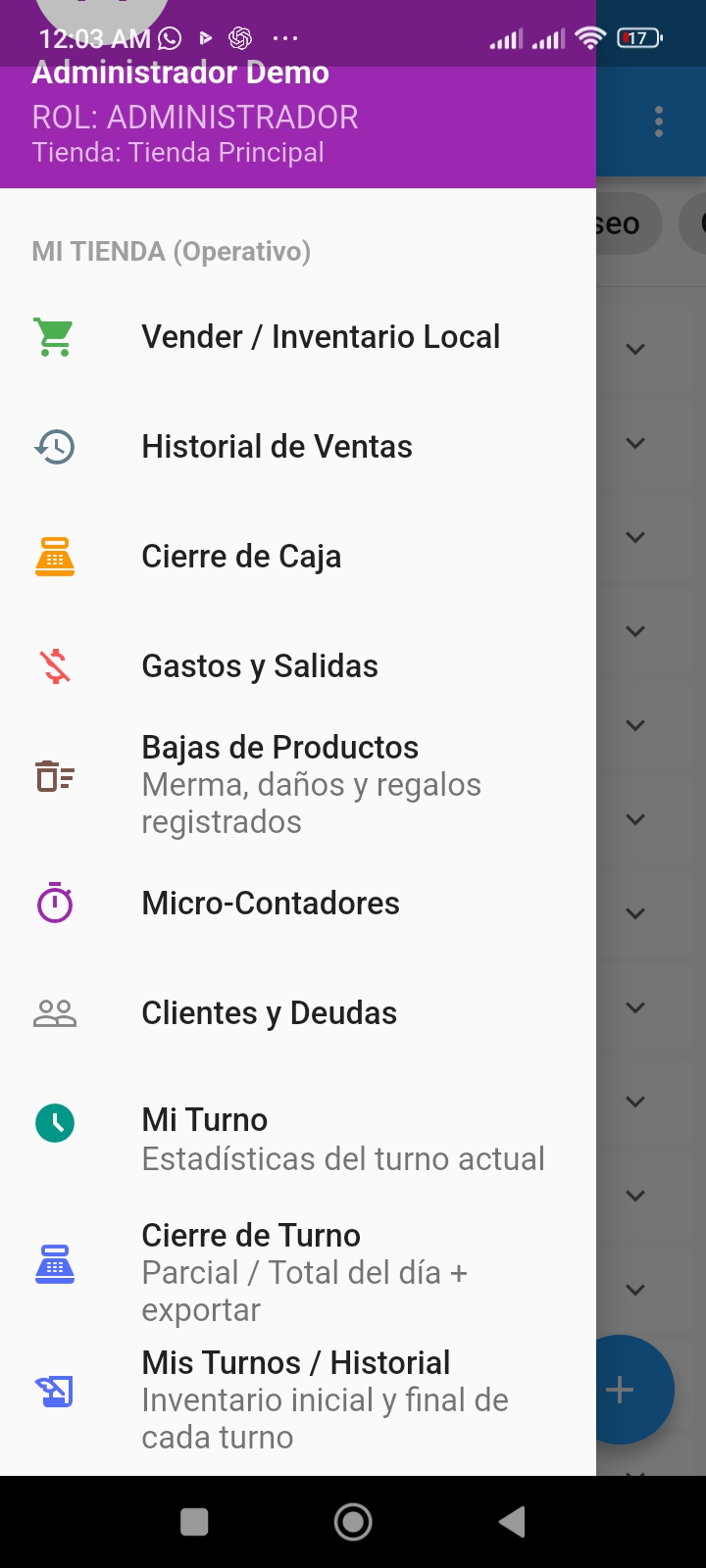Pantalla «Menú principal» de la app MiTienda